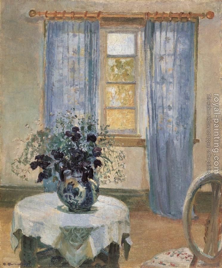 Anna Ancher : Living room with lilac curtins and blue clematis